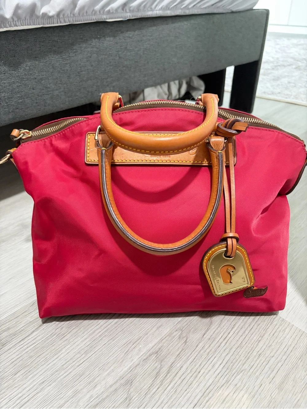 Dooney & Bourke Red Nylon Satchel with Tan Leather Trim and Gold Hardware